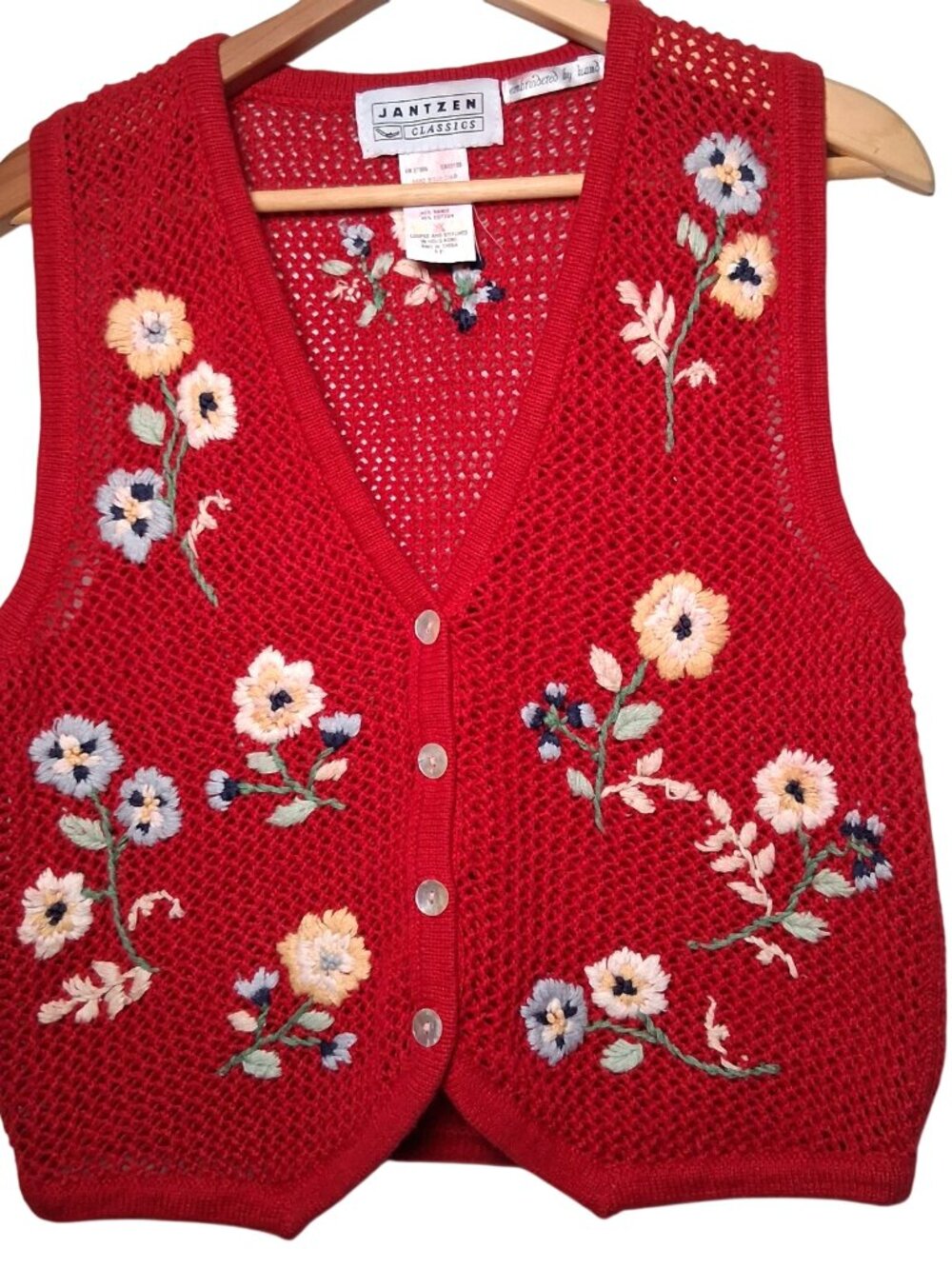 Vintage 1990s Jantzen Sweater Vest Women S Hand Embroidered Floral Red Open Knit